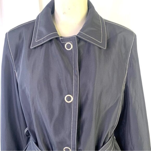 JONES NEW YORK BLUE COAT NAUTICAL TRENCH COAT  BELT CONTRASTING STITCHES LARGE - Picture 5 of 10